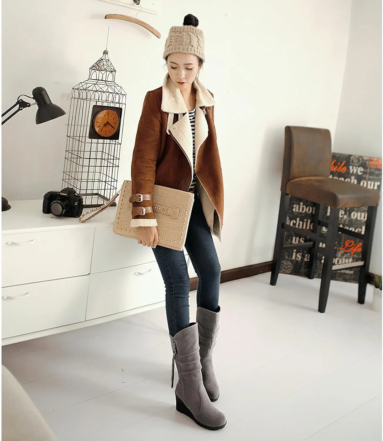 rismart Women Mid Calf Slouch Boot Wedge Heel Thin Fur Lined Suede Leather Winter Shoes