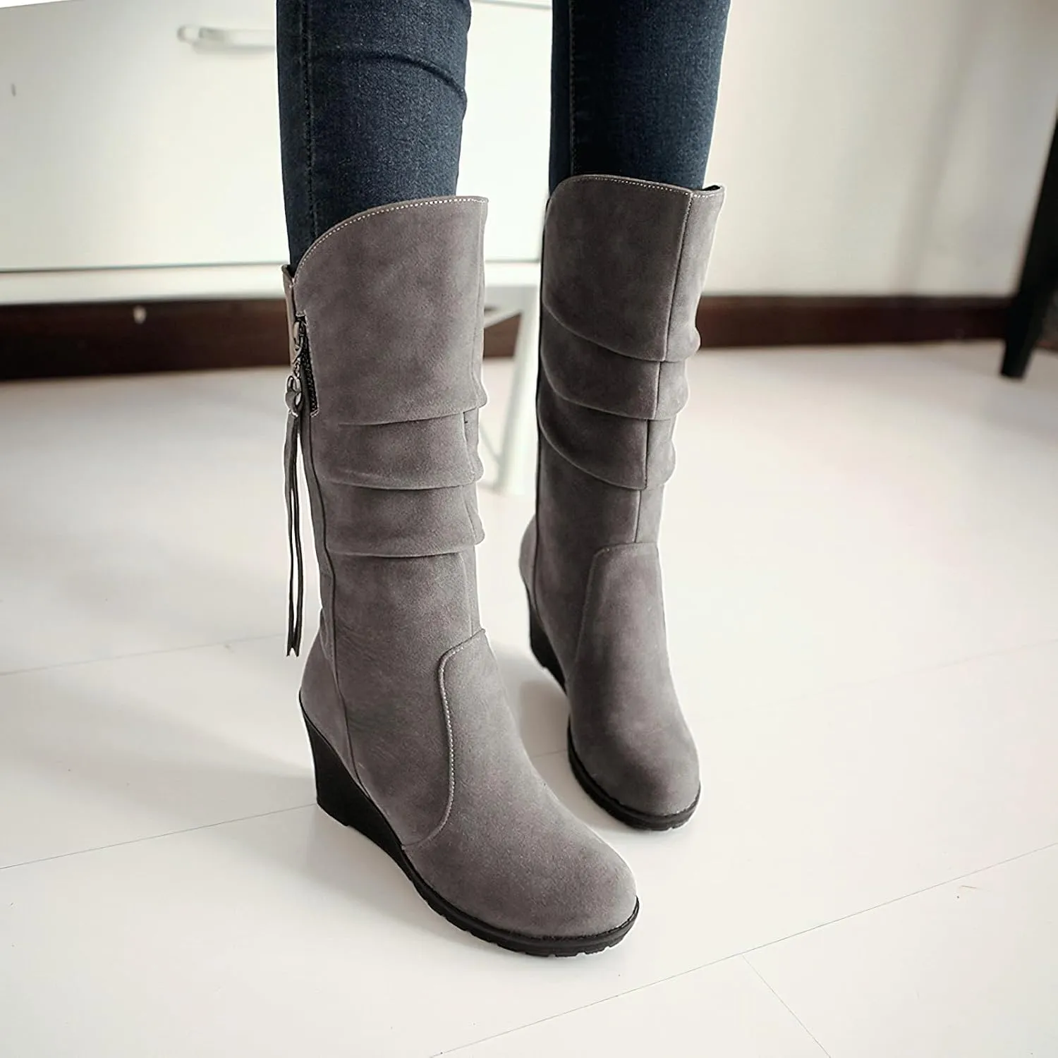 rismart Women Mid Calf Slouch Boot Wedge Heel Thin Fur Lined Suede Leather Winter Shoes