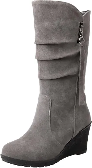rismart Women Mid Calf Slouch Boot Wedge Heel Thin Fur Lined Suede Leather Winter Shoes