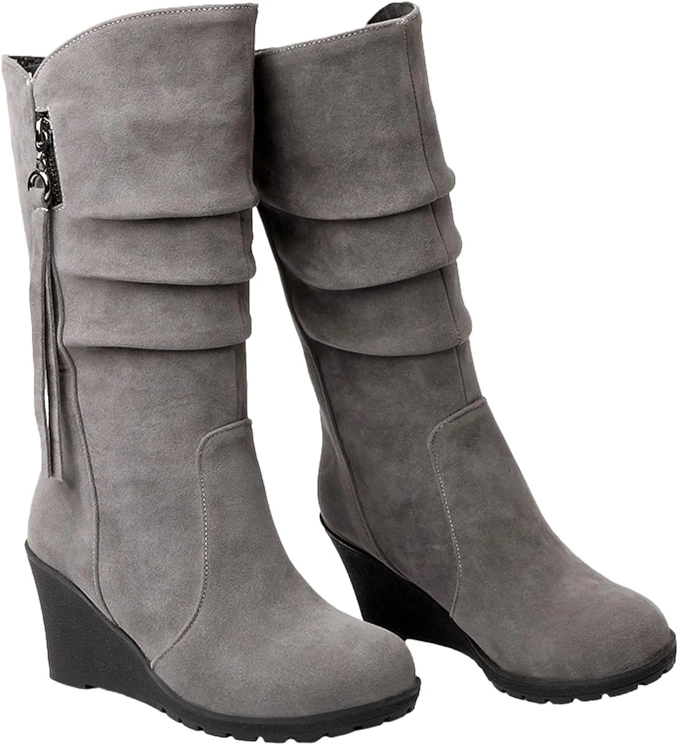 rismart Women Mid Calf Slouch Boot Wedge Heel Thin Fur Lined Suede Leather Winter Shoes