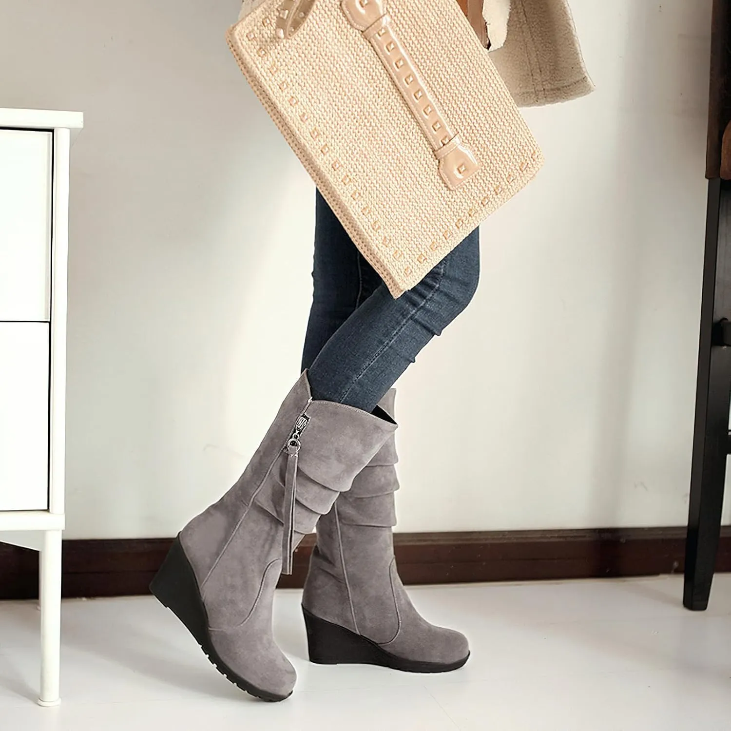 rismart Women Mid Calf Slouch Boot Wedge Heel Thin Fur Lined Suede Leather Winter Shoes