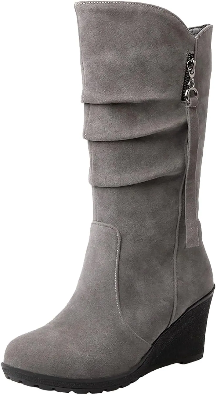 rismart Women Mid Calf Slouch Boot Wedge Heel Thin Fur Lined Suede Leather Winter Shoes