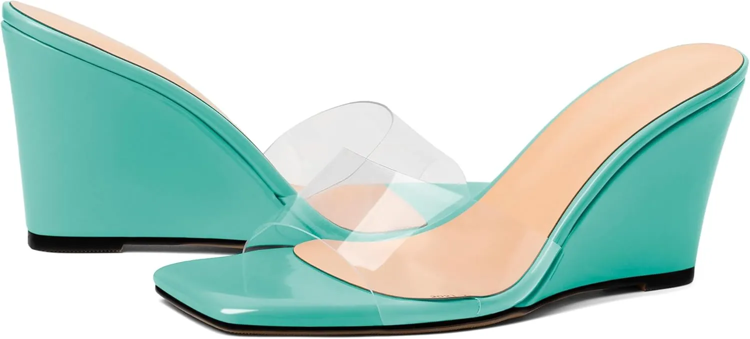 SAMMITOP Womens Clear Heels Sandals Square Open Toe Wedge Heel Sandals Slip On Heeled Mules Summer Dress Slipper Shoes 3.5 Inch