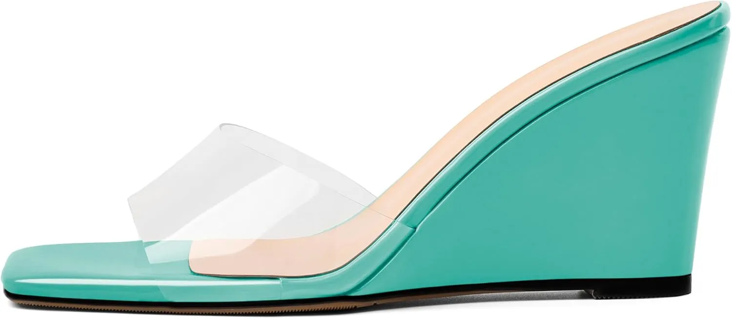 SAMMITOP Womens Clear Heels Sandals Square Open Toe Wedge Heel Sandals Slip On Heeled Mules Summer Dress Slipper Shoes 3.5 Inch