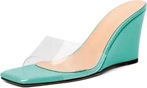 SAMMITOP Womens Clear Heels Sandals Square Open Toe Wedge Heel Sandals Slip On Heeled Mules Summer Dress Slipper Shoes 3.5 Inch