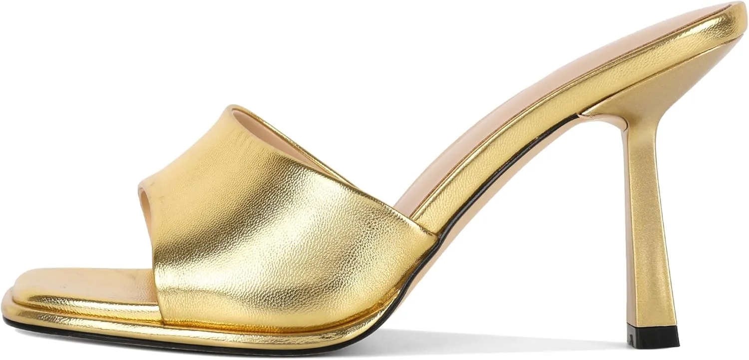 SAMMITOP Women's High Stiletto Heels Sandals Square Open Toe One Band Slip On Mules Slide Comfort Party Dating Daily Vacation Shoes 3.5 Inch