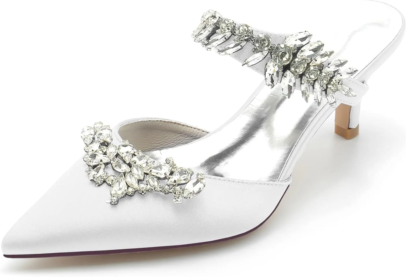 Satin Wedding Shoes for Bride,Kitten Heel Mule Heels Shoes for Women Mid Heeled Pumps Sandals Rhinestones Wedding Bridal Evening Party Dress Shoes