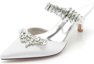 Satin Wedding Shoes for Bride,Kitten Heel Mule Heels Shoes for Women Mid Heeled Pumps Sandals Rhinestones Wedding Bridal Evening Party Dress Shoes