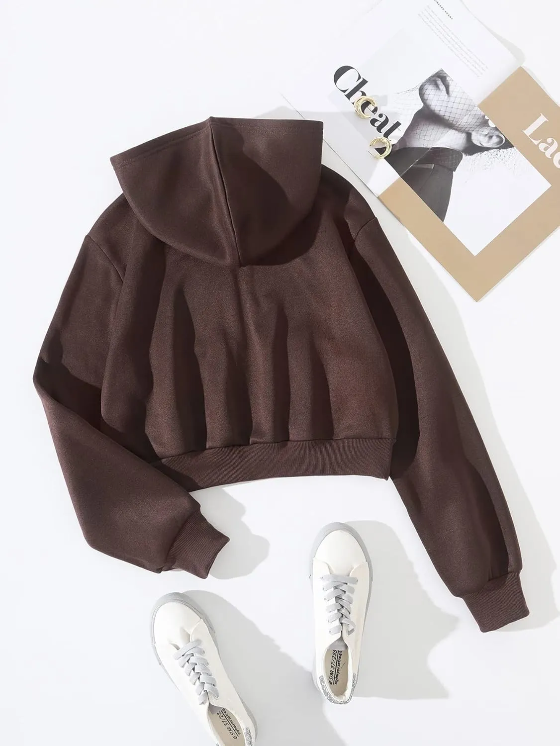 SHENHE Women's Casual Long Sleeve Zip Up Hoodie Jacket Drop Shoulder Crop Tops