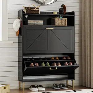 Shoe Cabinet with 2 Flip Drawers Narrow Shoe Storage Cabinet Organizer Wooden Freestanding Rack Hidden Slim Storage for Entryway, Hallway, Living Room, Bedroom (Black)