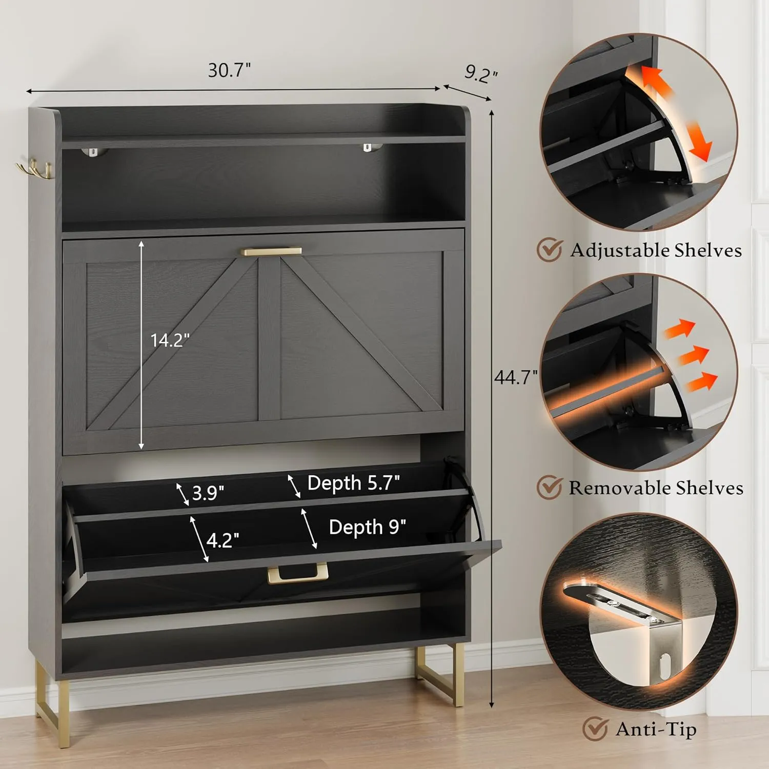 Shoe Cabinet with 2 Flip Drawers Narrow Shoe Storage Cabinet Organizer Wooden Freestanding Rack Hidden Slim Storage for Entryway, Hallway, Living Room, Bedroom (Black)