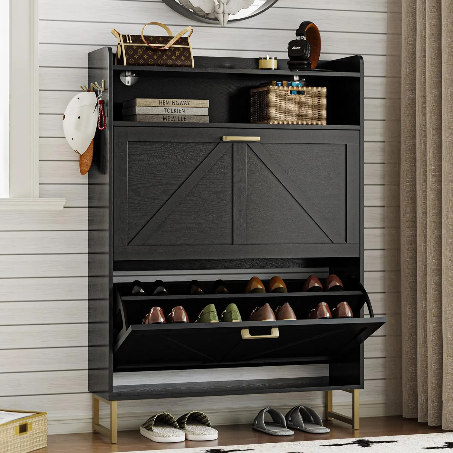 Shoe Cabinet with 2 Flip Drawers Narrow Shoe Storage Cabinet Organizer Wooden Freestanding Rack Hidden Slim Storage for Entryway, Hallway, Living Room, Bedroom (Black)