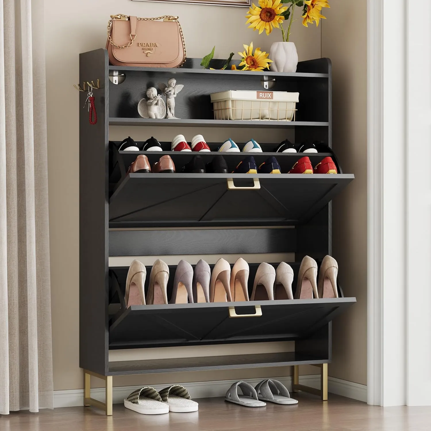 Shoe Cabinet with 2 Flip Drawers Narrow Shoe Storage Cabinet Organizer Wooden Freestanding Rack Hidden Slim Storage for Entryway, Hallway, Living Room, Bedroom (Black)