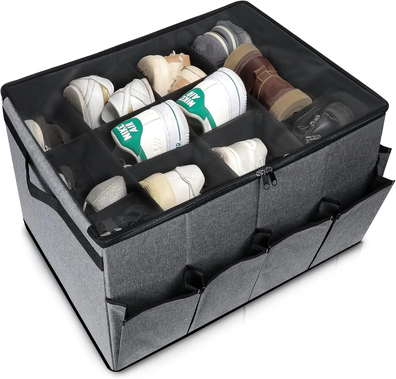 Shoe Organizer for Closet with Transparent Cover and Adjustable Divider, Collapsible Shoe Box for 16 Pairs, Suitable for Storing Shoes and Boots, Clothes, Blankets, Toys, Decorations