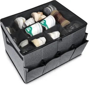 Shoe Organizer for Closet with Transparent Cover and Adjustable Divider, Collapsible Shoe Box for 16 Pairs, Suitable for Storing Shoes and Boots, Clothes, Blankets, Toys, Decorations