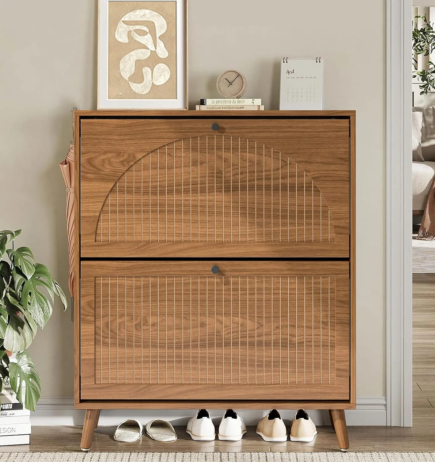 Shoe Storage Cabinet for Entryway with 2 Flip Drawers, Narrow Wood Shoe Cabinet with Fluted Panel, Freestanding Hidden Shoe Organizer for Foyer, Hallway (Walnut)