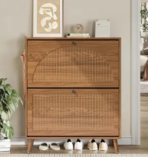Shoe Storage Cabinet for Entryway with 2 Flip Drawers, Narrow Wood Shoe Cabinet with Fluted Panel, Freestanding Hidden Shoe Organizer for Foyer, Hallway (Walnut)