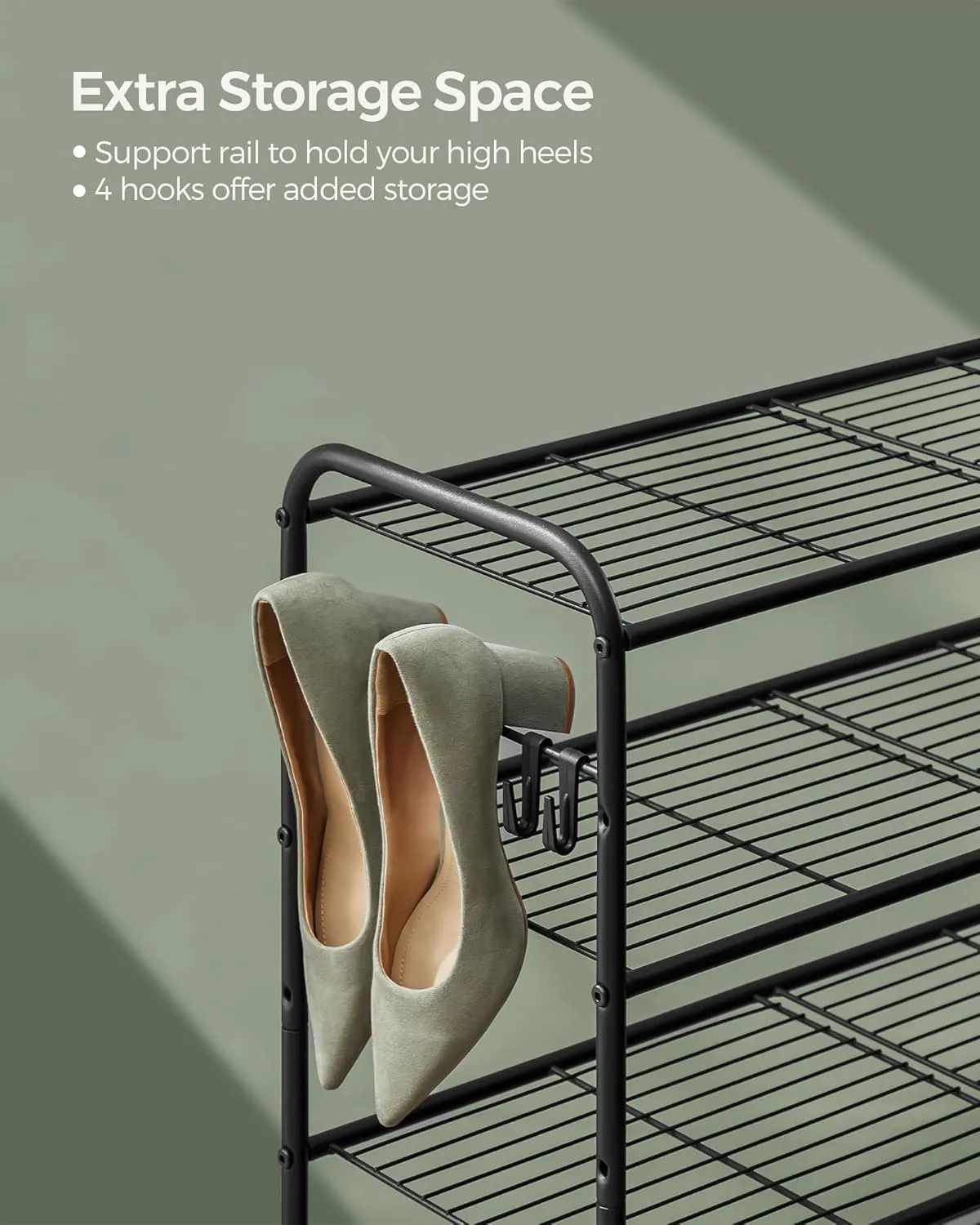 SONGMICS Shoe Rack, 3-Tier Shoe Organizer, Metal Shoe Shelf Storage with 4 Side Hooks, Holds 12 Pairs of Shoes, Height-Adjustable Shoe Rack for Entryway, Hallway, Closet, Easy Assembly, Ink Black