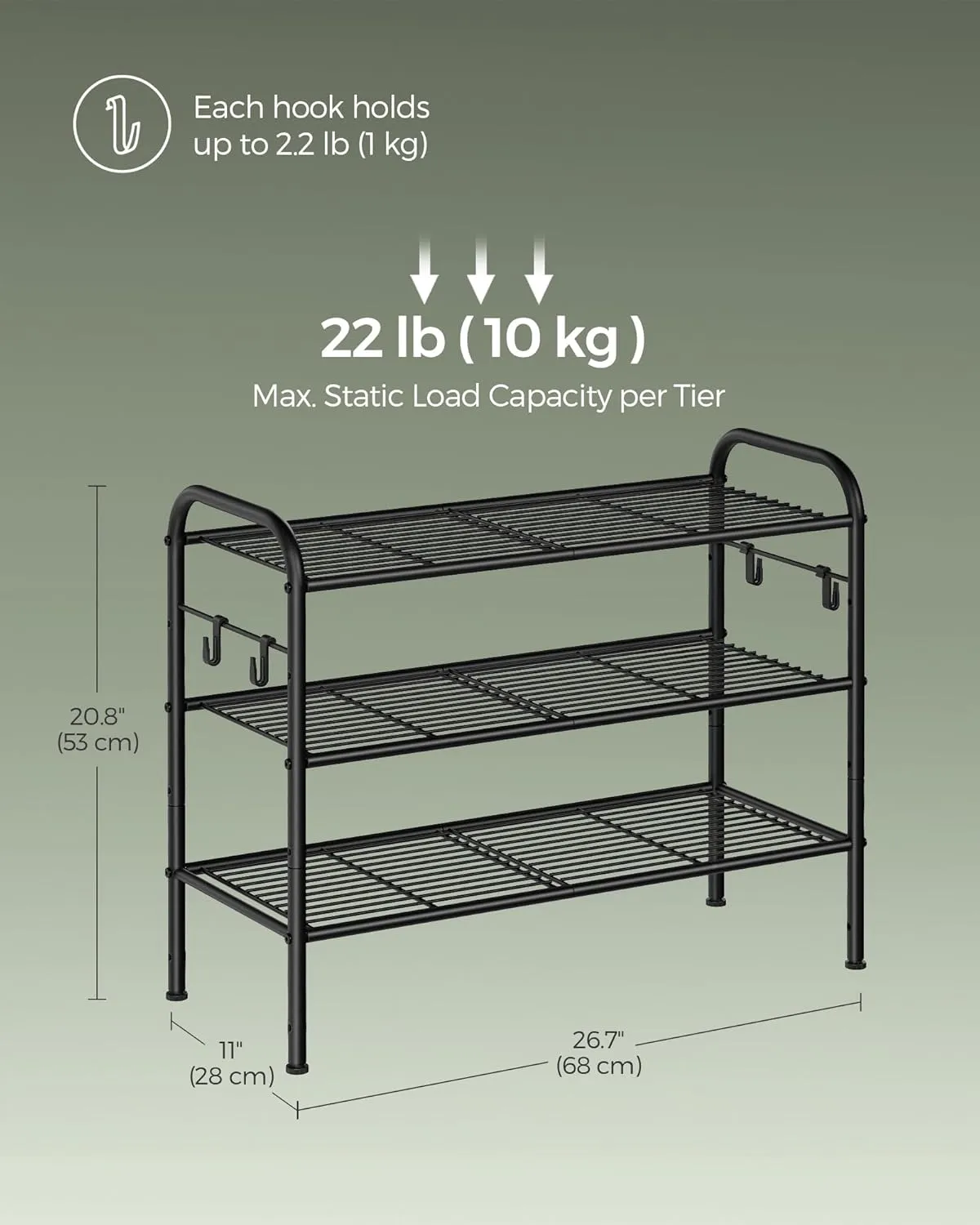 SONGMICS Shoe Rack, 3-Tier Shoe Organizer, Metal Shoe Shelf Storage with 4 Side Hooks, Holds 12 Pairs of Shoes, Height-Adjustable Shoe Rack for Entryway, Hallway, Closet, Easy Assembly, Ink Black