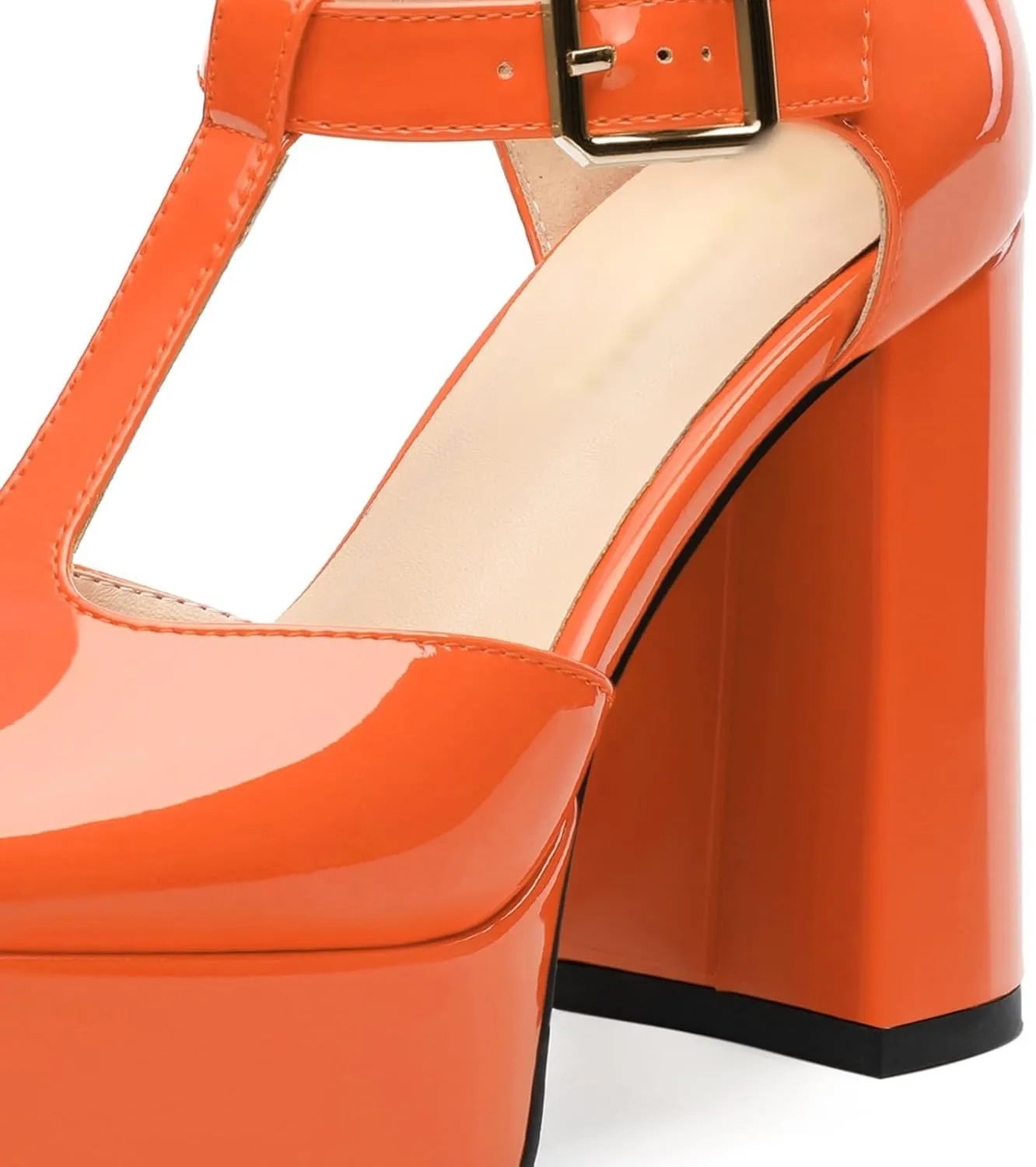 Square Toe High Heels Women's Shoes Pumps Patent Leather Thick Sole Thick Heel Hook-and-Loop Straps Height 10 Cm