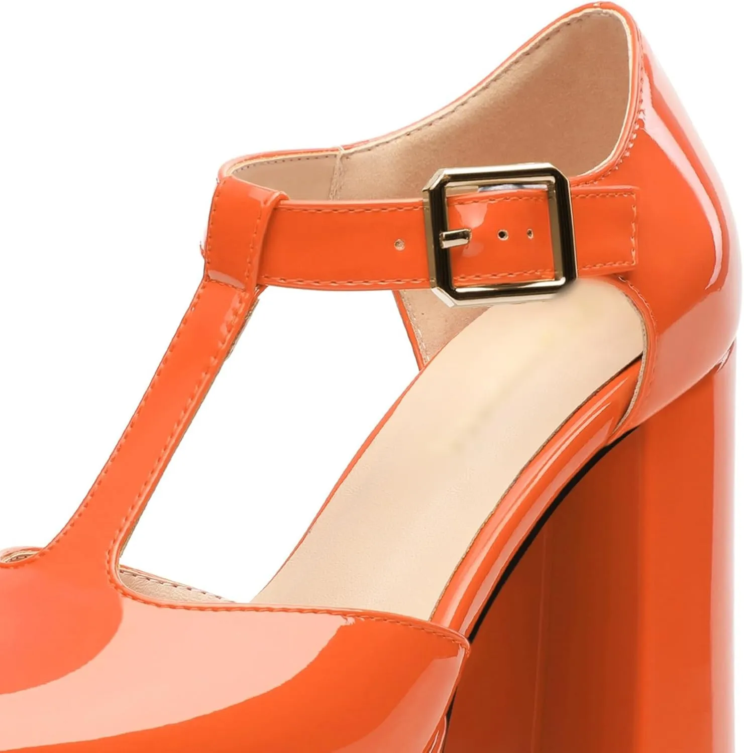 Square Toe High Heels Women's Shoes Pumps Patent Leather Thick Sole Thick Heel Hook-and-Loop Straps Height 10 Cm