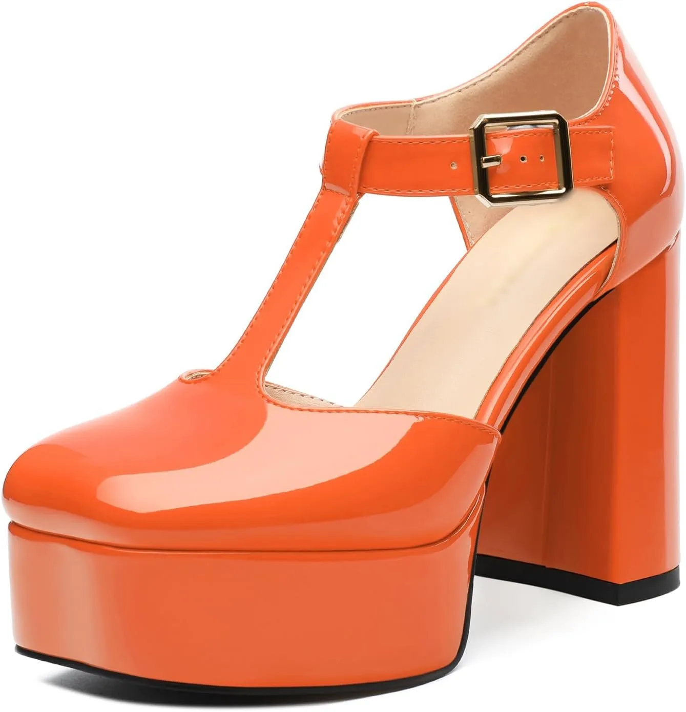 Square Toe High Heels Women's Shoes Pumps Patent Leather Thick Sole Thick Heel Hook-and-Loop Straps Height 10 Cm