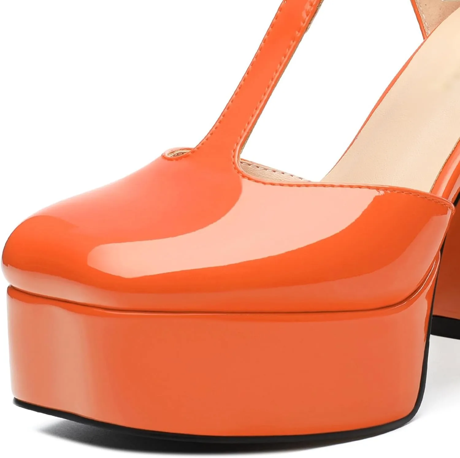 Square Toe High Heels Women's Shoes Pumps Patent Leather Thick Sole Thick Heel Hook-and-Loop Straps Height 10 Cm