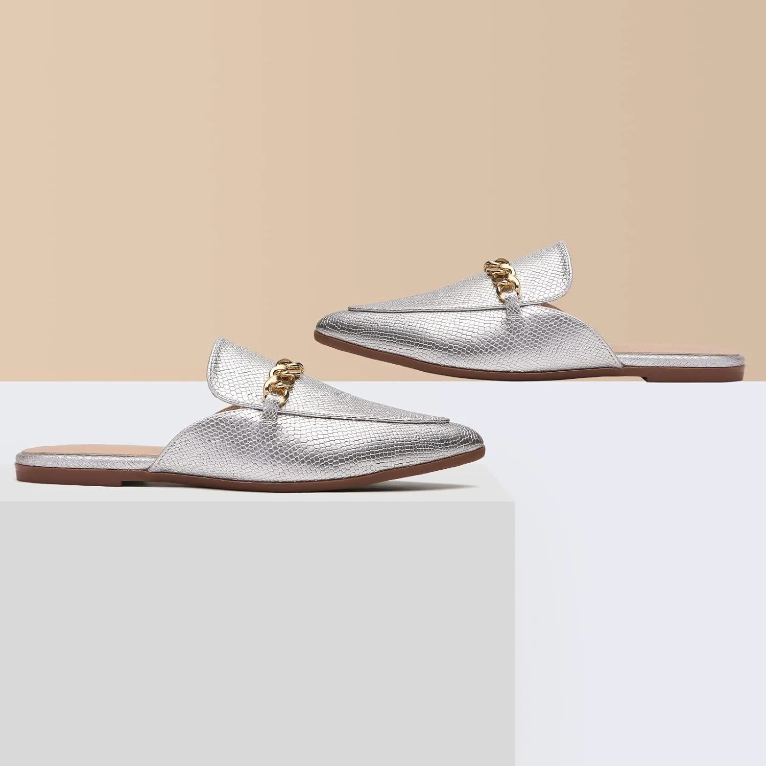 Tilocow Chain Mules for Women Round Toe Backless Flat Mules Comfortable Slides Mules Shoes Ladies Slip-on Loafers