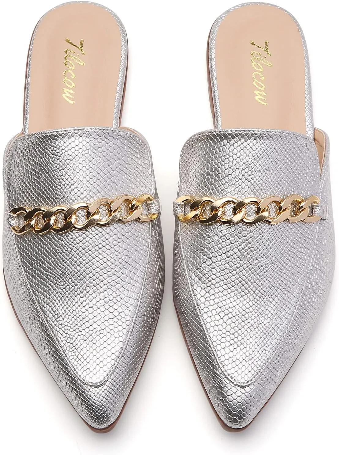 Tilocow Chain Mules for Women Round Toe Backless Flat Mules Comfortable Slides Mules Shoes Ladies Slip-on Loafers