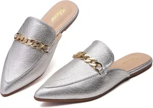 Tilocow Chain Mules for Women Round Toe Backless Flat Mules Comfortable Slides Mules Shoes Ladies Slip-on Loafers