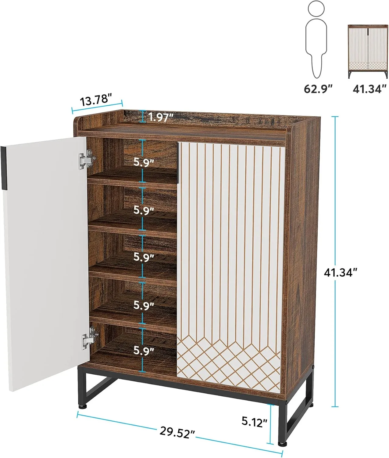 Tribesigns Modern Shoe Cabinet for Entryway, 25 Pairs Shoe Cabinet with Doors, Wood 5-Tier Shoe Organizer, Freestanding Brown Shoe Storage Cabinets with Black Metal Frame for Bedroom Living Room