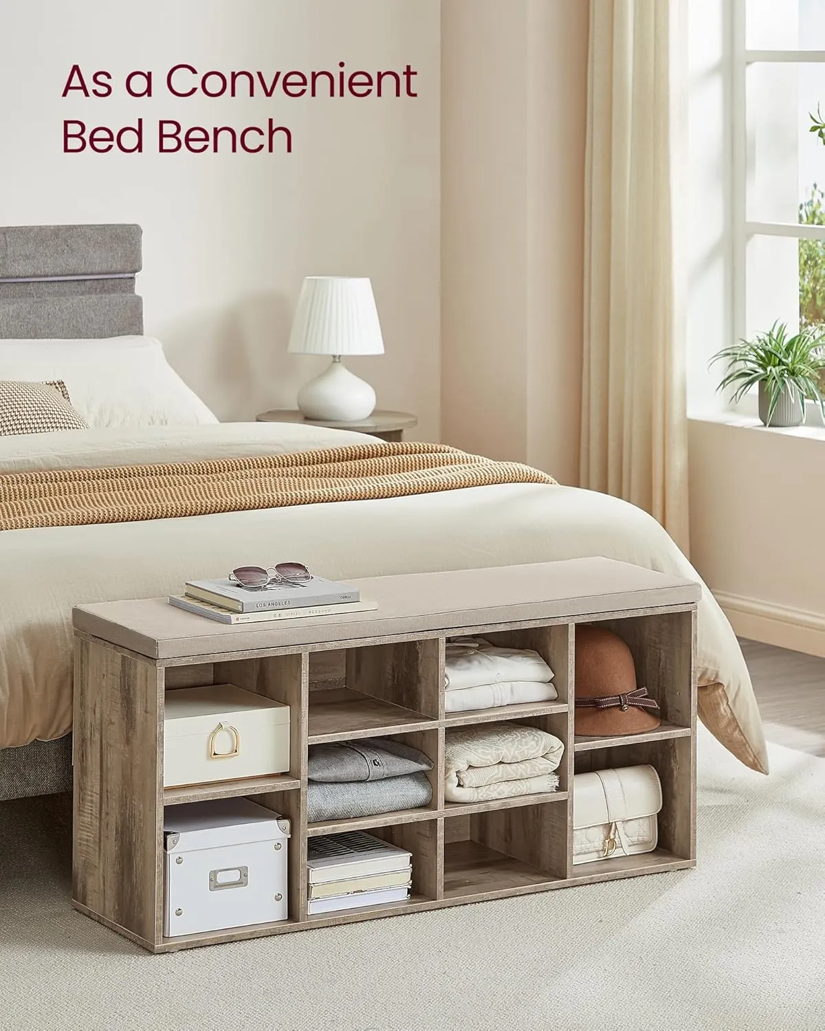 VASAGLE Shoe Bench with Cushion, Storage Bench with Padded Seat, Entryway Bench with 10 Compartments, for Bedroom, 11.8 x 40.9 x 18.9 Inches, Camel Brown ULHS010K02