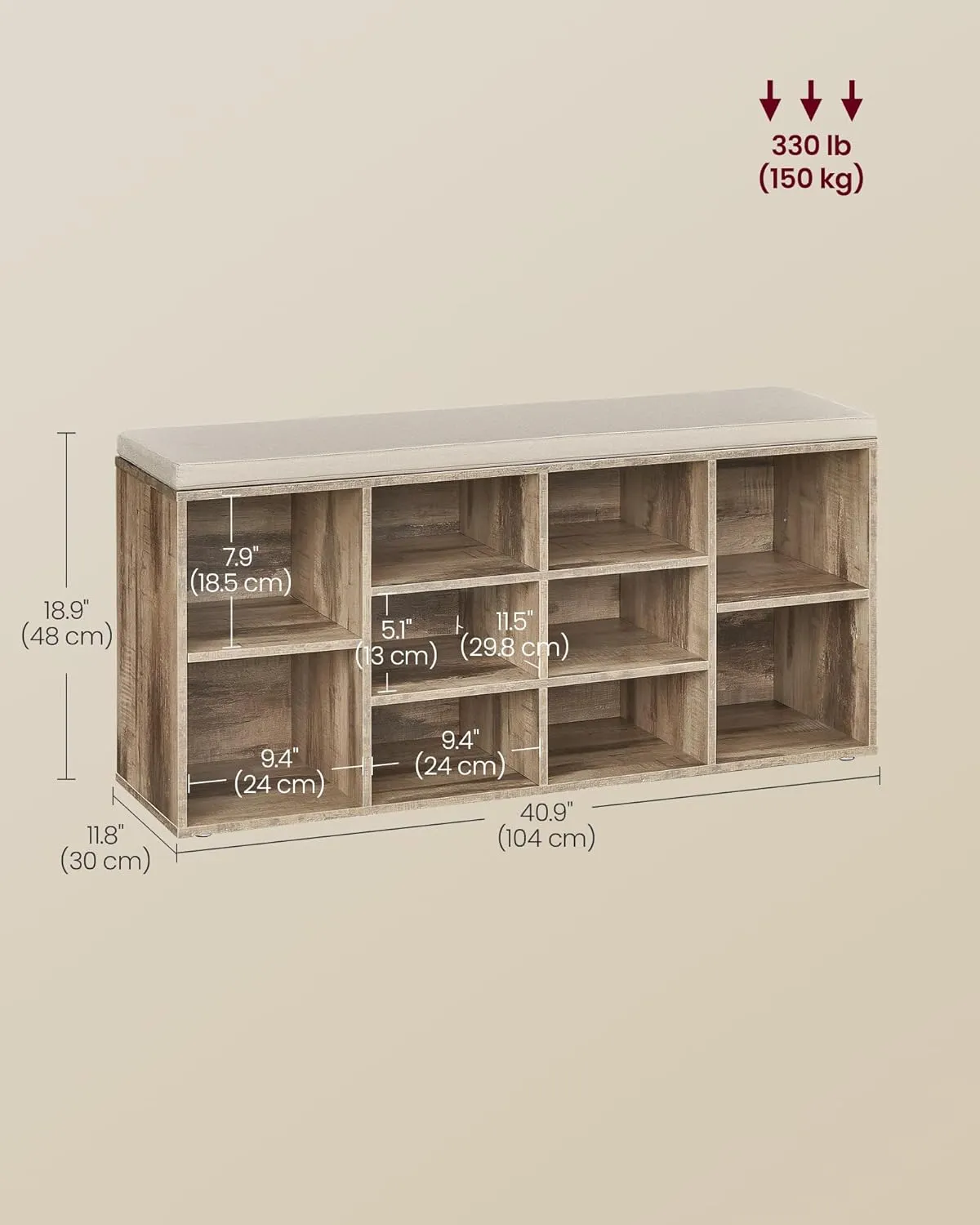 VASAGLE Shoe Bench with Cushion, Storage Bench with Padded Seat, Entryway Bench with 10 Compartments, for Bedroom, 11.8 x 40.9 x 18.9 Inches, Camel Brown ULHS010K02