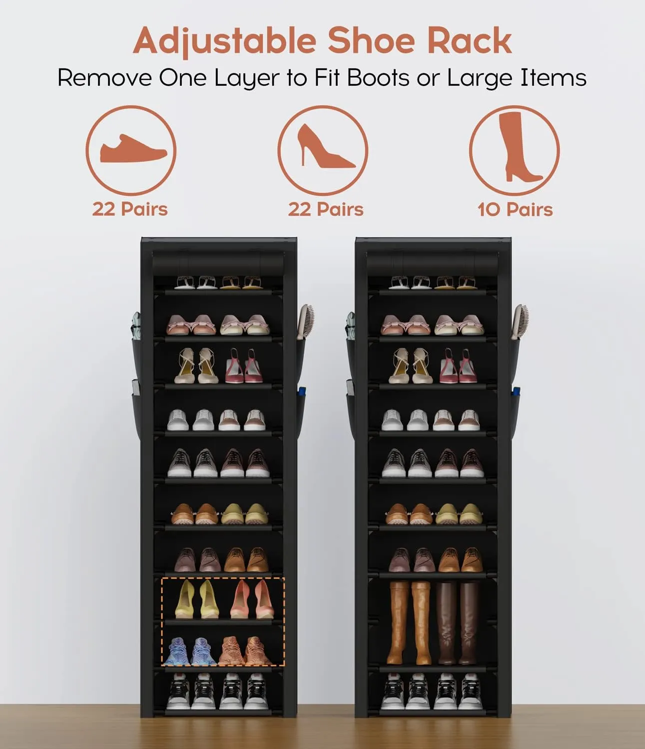 VTRIN Vertical Narrow Shoe Rack Organizer Tall Shoe Rack for Closet Entryway 10 Tier Non-Woven Cover Shoe Shelf Holds 20-22 Pairs Free Standing Shoe Storage Cabinet with Dustproof Cover, Black