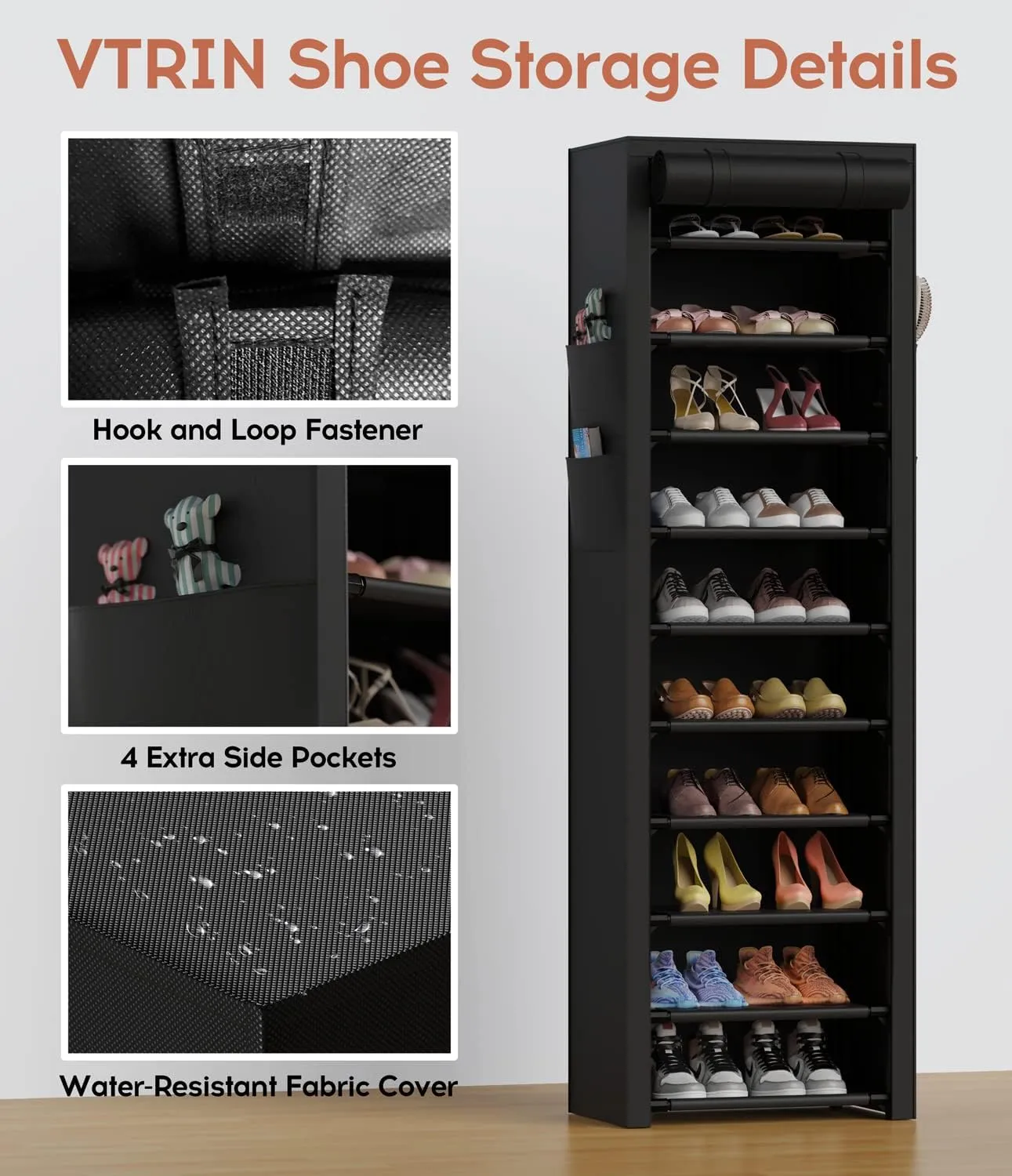 VTRIN Vertical Narrow Shoe Rack Organizer Tall Shoe Rack for Closet Entryway 10 Tier Non-Woven Cover Shoe Shelf Holds 20-22 Pairs Free Standing Shoe Storage Cabinet with Dustproof Cover, Black