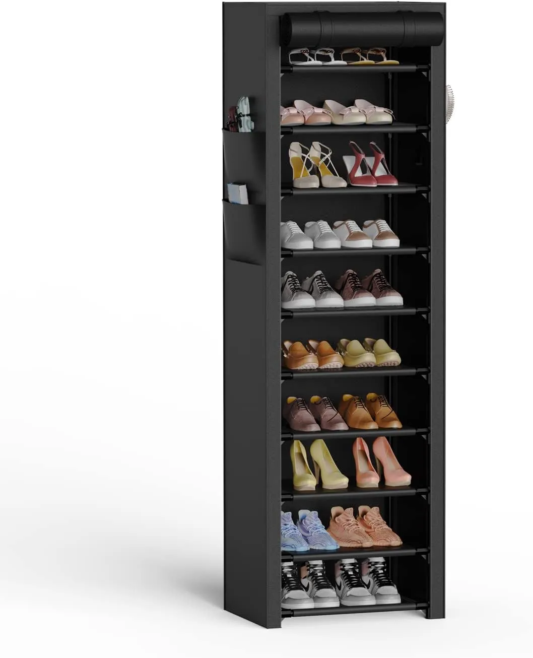 VTRIN Vertical Narrow Shoe Rack Organizer Tall Shoe Rack for Closet Entryway 10 Tier Non-Woven Cover Shoe Shelf Holds 20-22 Pairs Free Standing Shoe Storage Cabinet with Dustproof Cover, Black