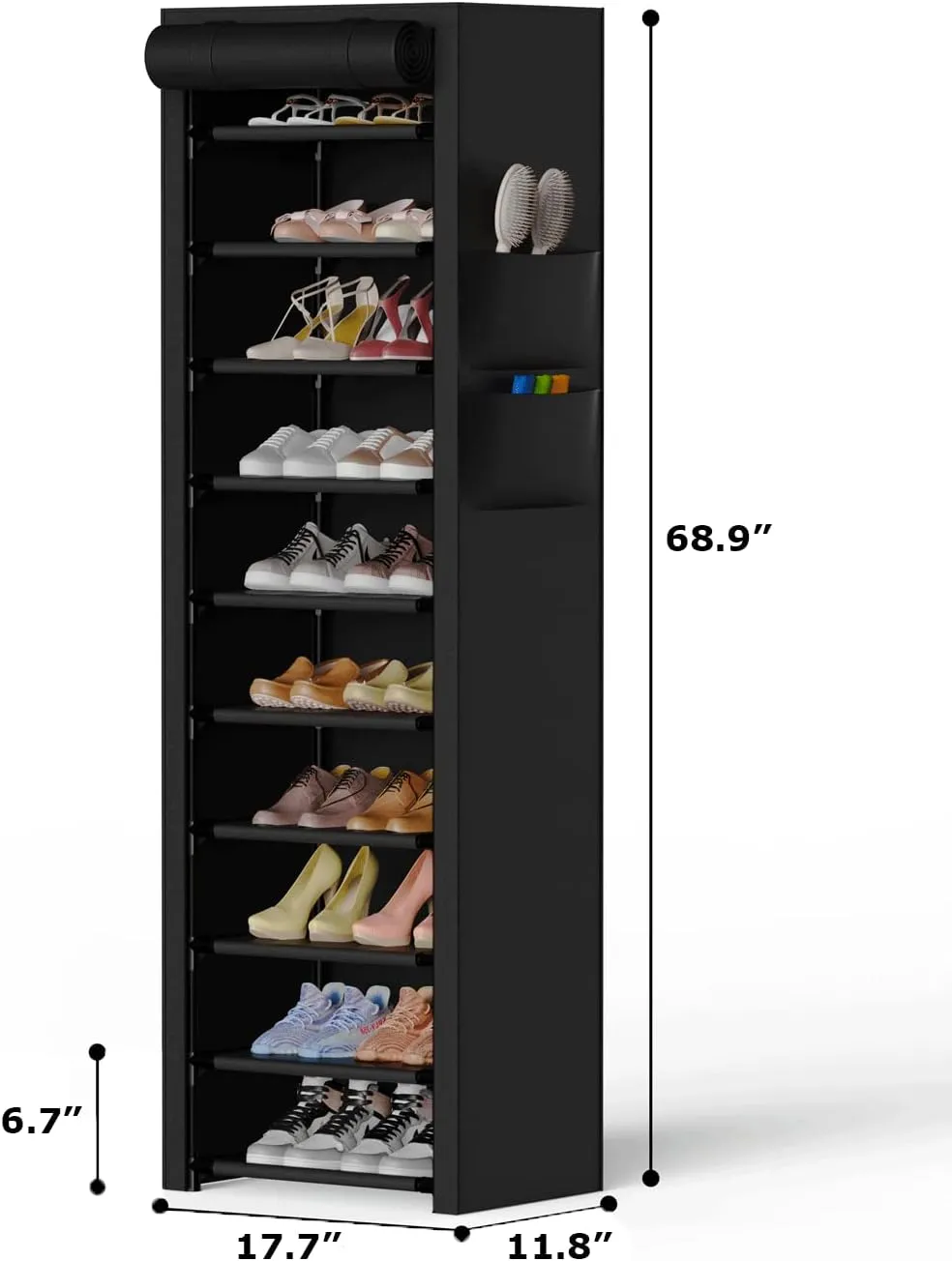 VTRIN Vertical Narrow Shoe Rack Organizer Tall Shoe Rack for Closet Entryway 10 Tier Non-Woven Cover Shoe Shelf Holds 20-22 Pairs Free Standing Shoe Storage Cabinet with Dustproof Cover, Black