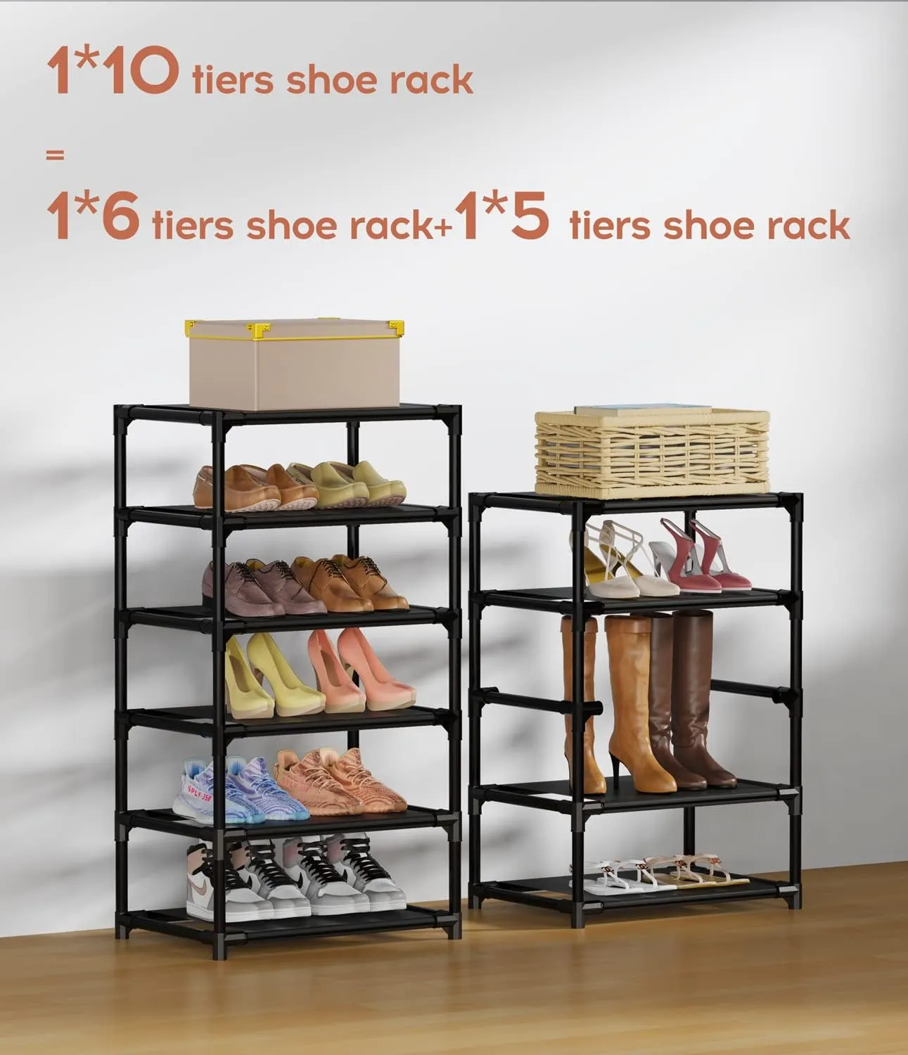 VTRIN Vertical Narrow Shoe Rack Organizer Tall Shoe Rack for Closet Entryway 10 Tier Non-Woven Cover Shoe Shelf Holds 20-22 Pairs Free Standing Shoe Storage Cabinet with Dustproof Cover, Black