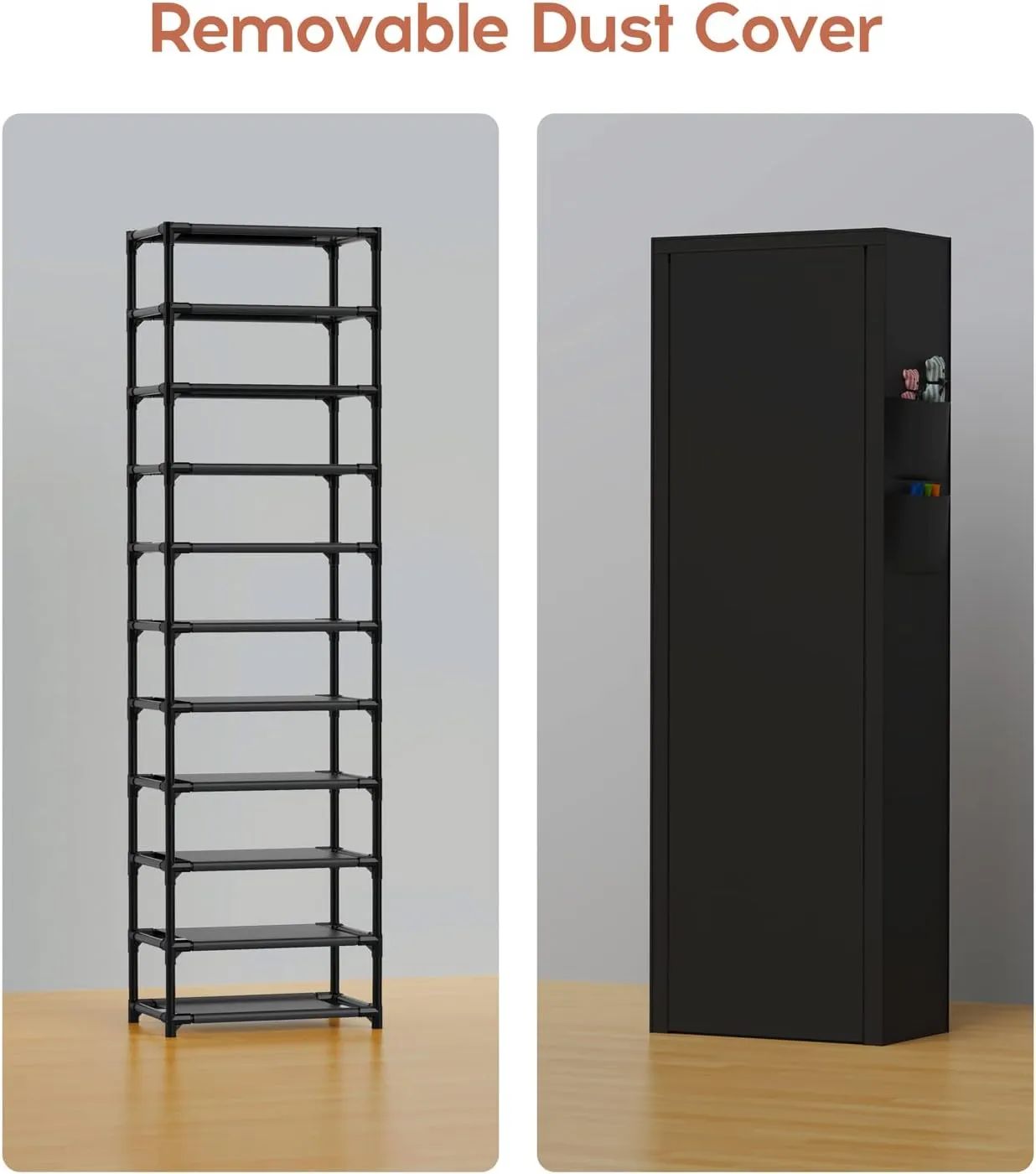 VTRIN Vertical Narrow Shoe Rack Organizer Tall Shoe Rack for Closet Entryway 10 Tier Non-Woven Cover Shoe Shelf Holds 20-22 Pairs Free Standing Shoe Storage Cabinet with Dustproof Cover, Black