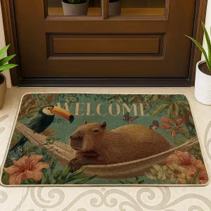 Welcome Capybara Door Mat, Tropical Toucan Jungle Entrance Rug for Outdoor & Indoor Spring Decor, Non-Slip Waterproof Easy Clean Front Doormat 29x17 Inch