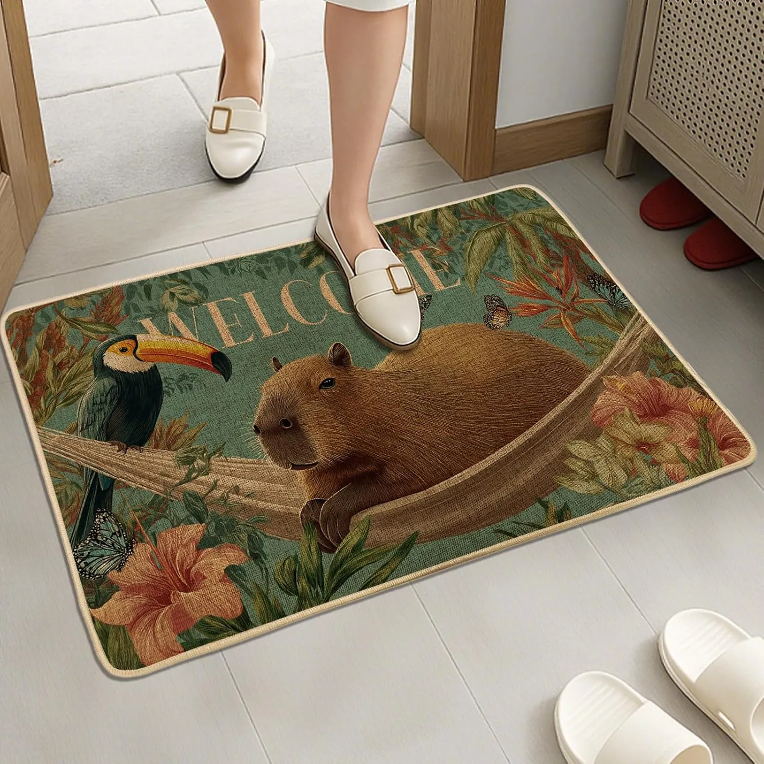 Welcome Capybara Door Mat, Tropical Toucan Jungle Entrance Rug for Outdoor & Indoor Spring Decor, Non-Slip Waterproof Easy Clean Front Doormat 29x17 Inch
