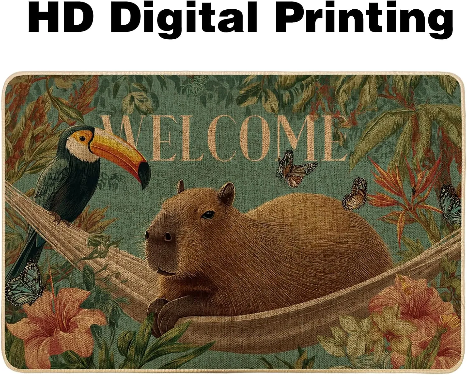 Welcome Capybara Door Mat, Tropical Toucan Jungle Entrance Rug for Outdoor & Indoor Spring Decor, Non-Slip Waterproof Easy Clean Front Doormat 29x17 Inch