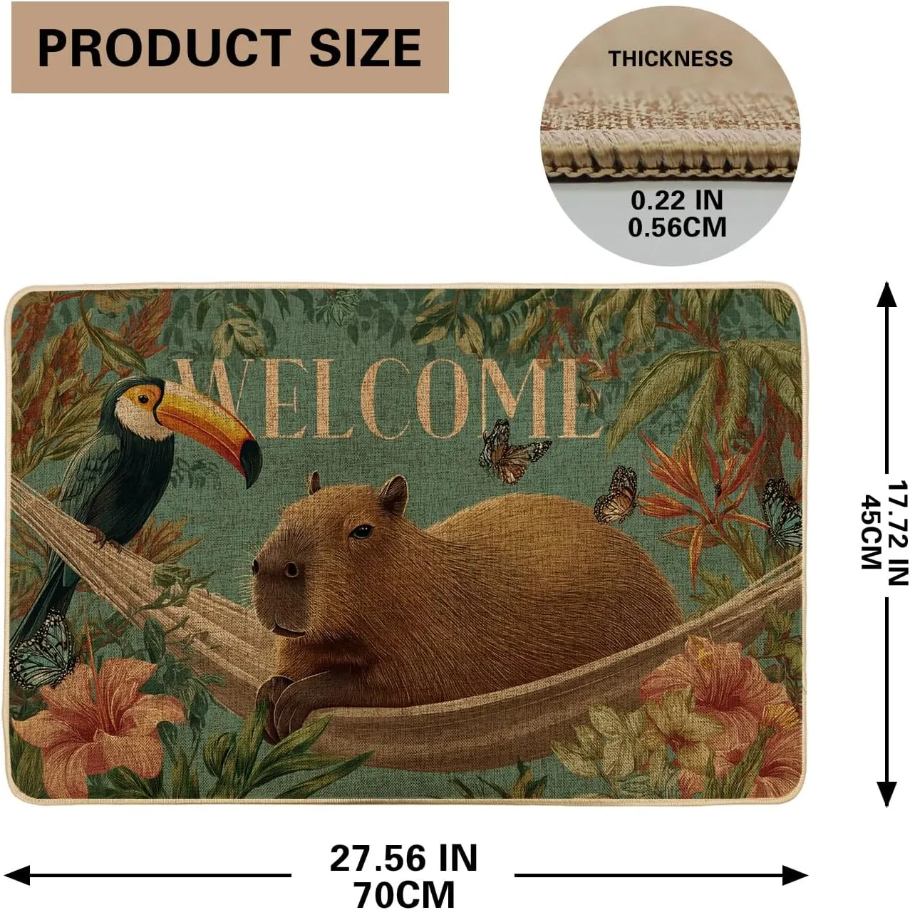 Welcome Capybara Door Mat, Tropical Toucan Jungle Entrance Rug for Outdoor & Indoor Spring Decor, Non-Slip Waterproof Easy Clean Front Doormat 29x17 Inch