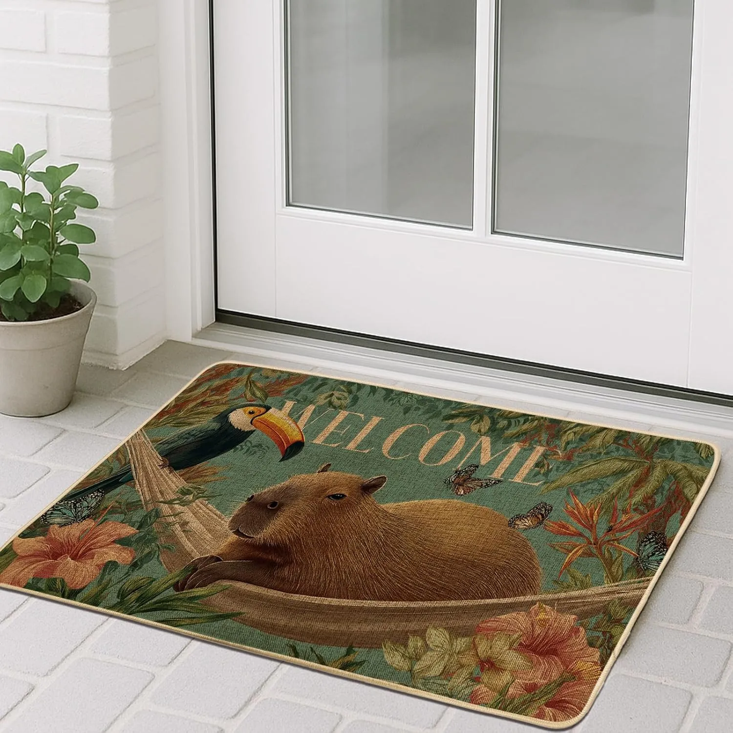 Welcome Capybara Door Mat, Tropical Toucan Jungle Entrance Rug for Outdoor & Indoor Spring Decor, Non-Slip Waterproof Easy Clean Front Doormat 29x17 Inch