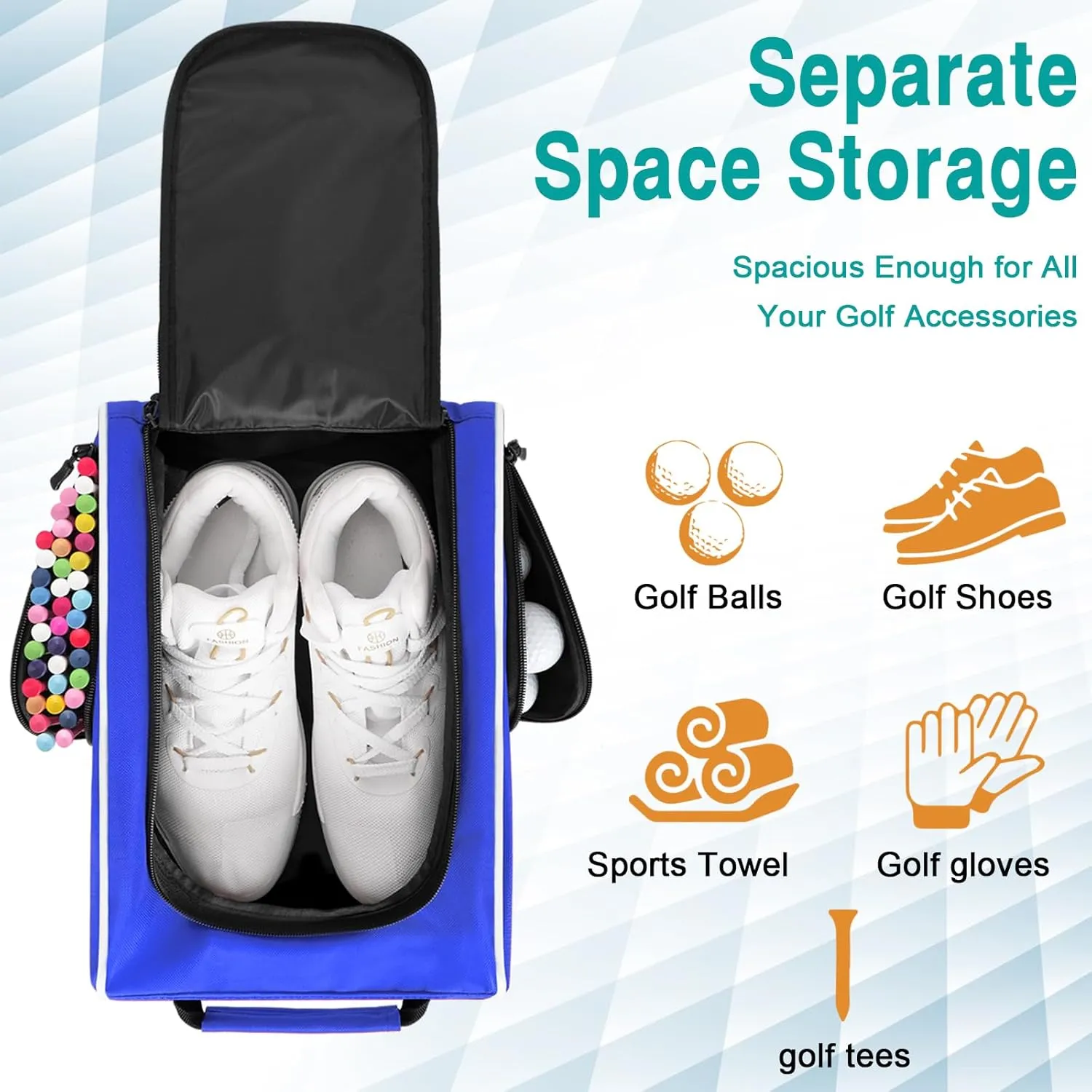 Wolt | Golf Shoe Bag for Travel- Zippered Shoes Carrier Bags with Ventilation & Double Outside Accessory Pocket for Socks, Tees, Golf Balls, etc. for women and men (Blue)