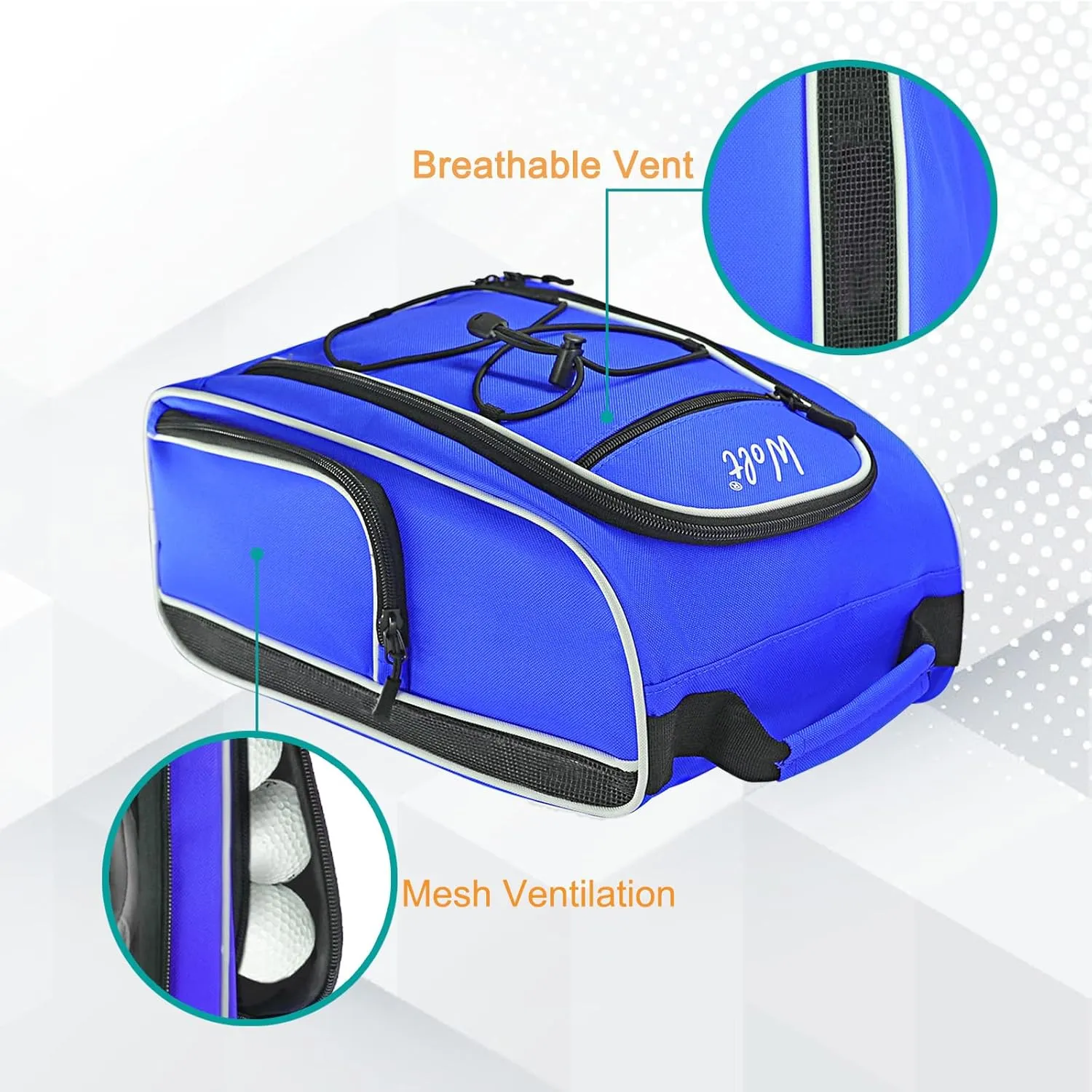 Wolt | Golf Shoe Bag for Travel- Zippered Shoes Carrier Bags with Ventilation & Double Outside Accessory Pocket for Socks, Tees, Golf Balls, etc. for women and men (Blue)