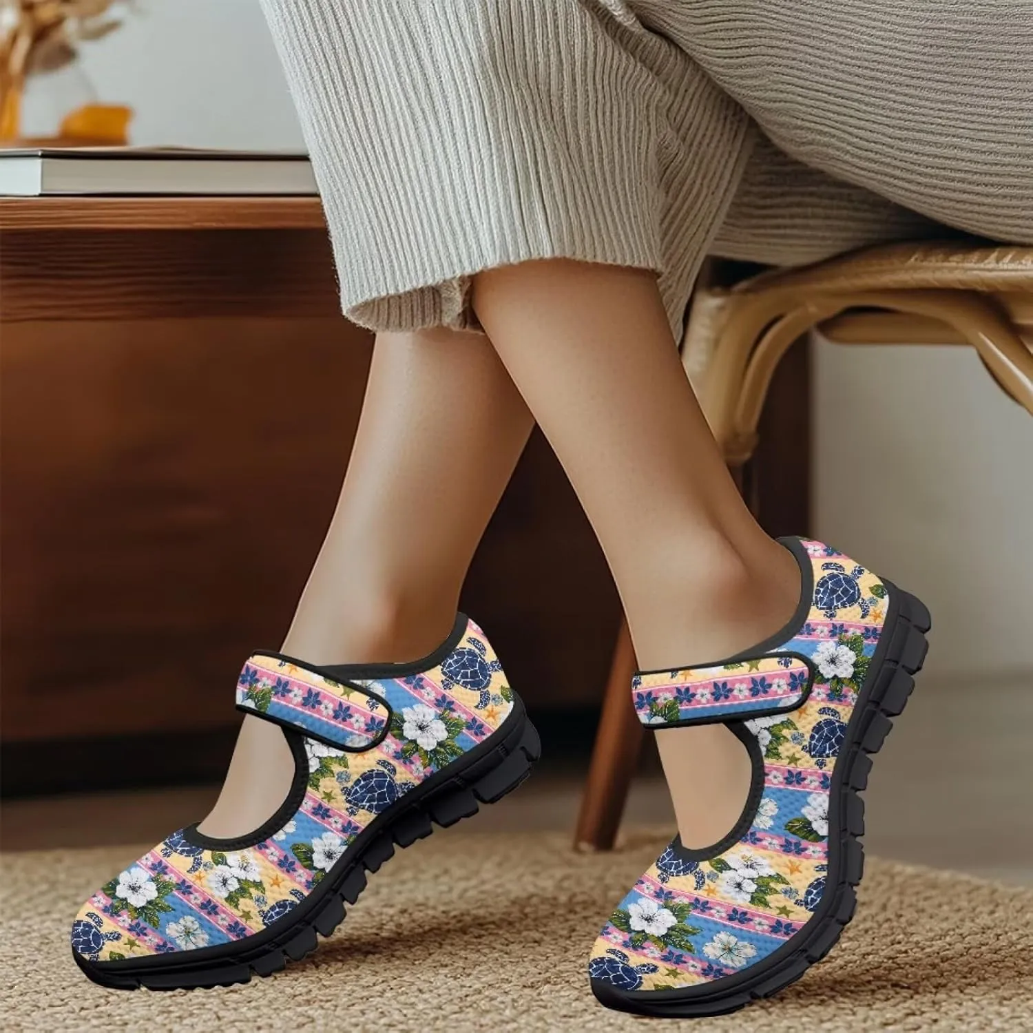 Women Mary Jane Sneaker Shoes Lightweight Casual Breathable Non Slip Flats with Magic Sticker