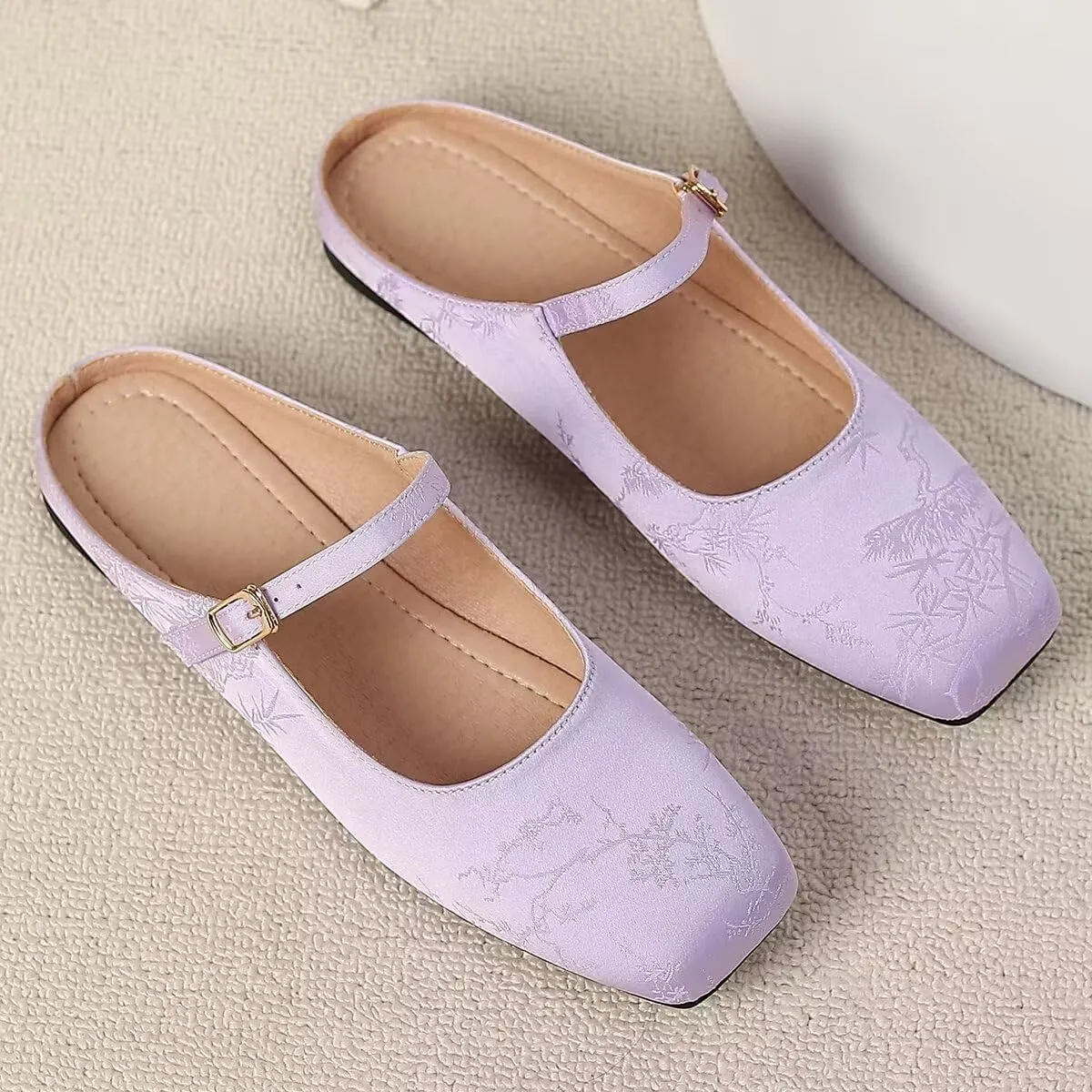 Women Mules Elegant Dressy Flats Closed Toe Microfiber Leather Shoes Adjustable Buckle Strap Mary Jane Casual Office Shoes