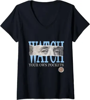 Womens Blue Watch Your Own Pockets Face Blue Color Graphic V-Neck T-Shirt