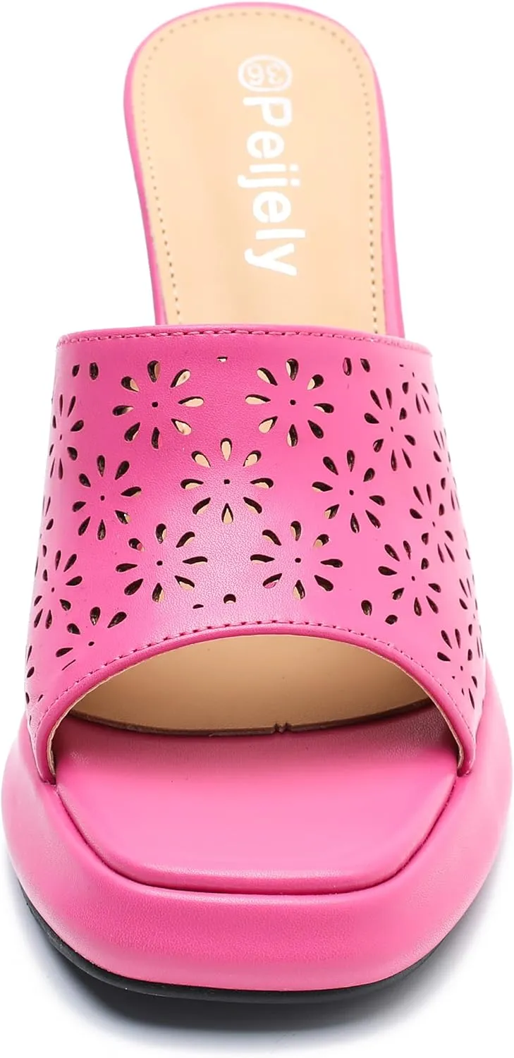 Womens Hollow Out Platform Heels Flower Square Toe High Chunky Heeled Mule Dress Party Sandals